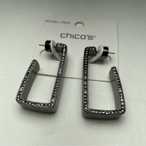 NEW Chico’s Hematite Tone Pavé Rectangle Hoops Statement Earrings Everyday Wear - Picture 1 of 9